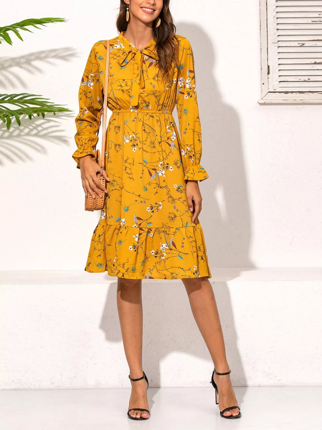 Ruffled Hem Floral Print Long Sleeve Dress - StyleLure