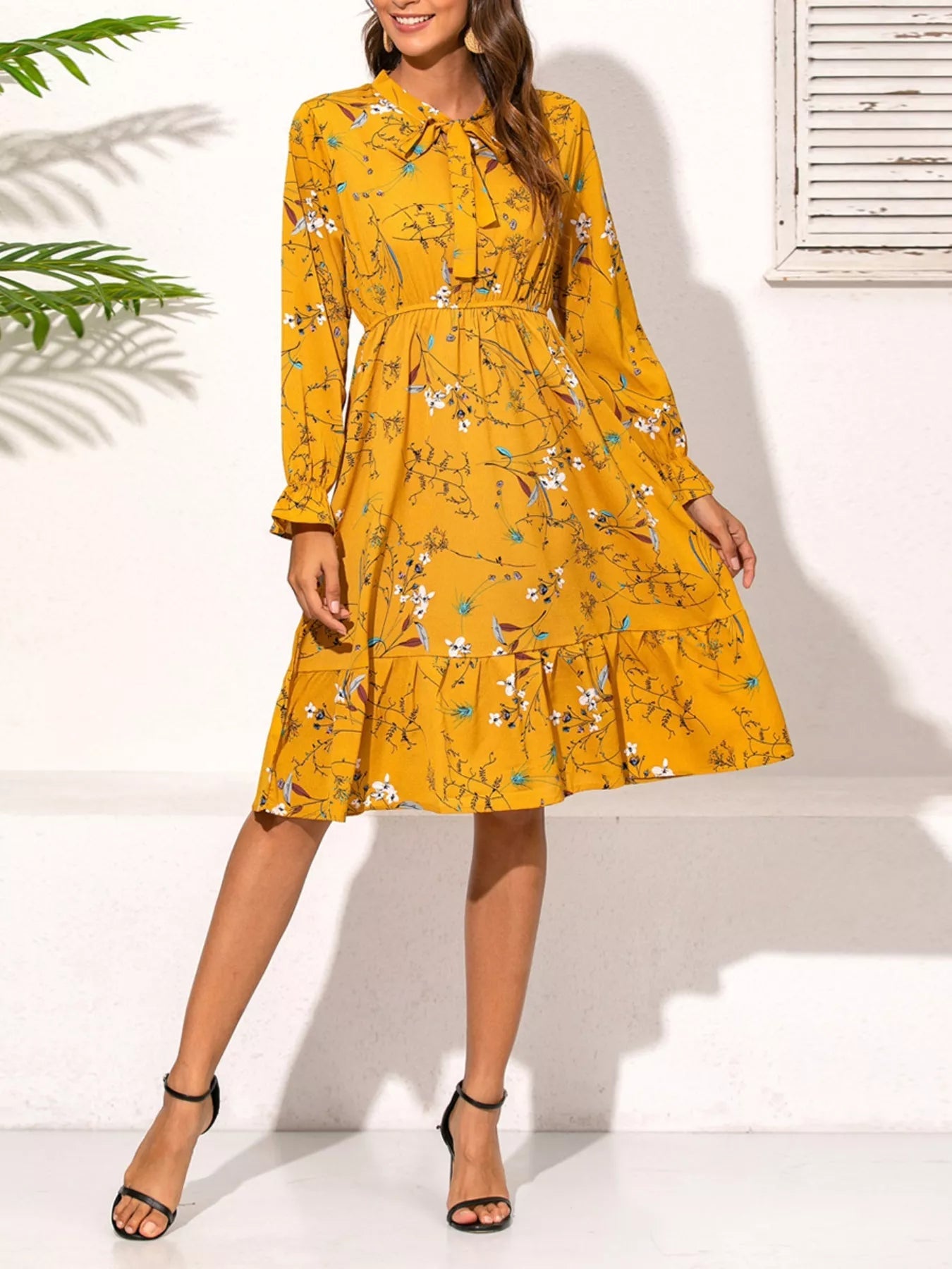 Ruffled Hem Floral Print Long Sleeve Dress - StyleLure