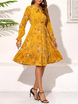 Ruffled Hem Floral Print Long Sleeve Dress - StyleLure