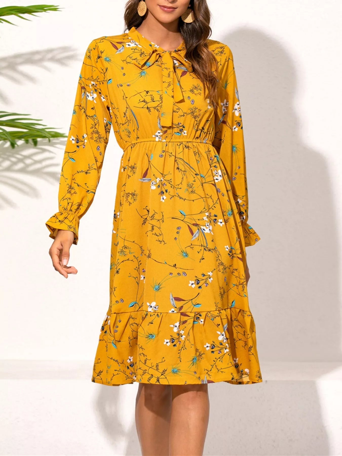 Ruffled Hem Floral Print Long Sleeve Dress - StyleLure