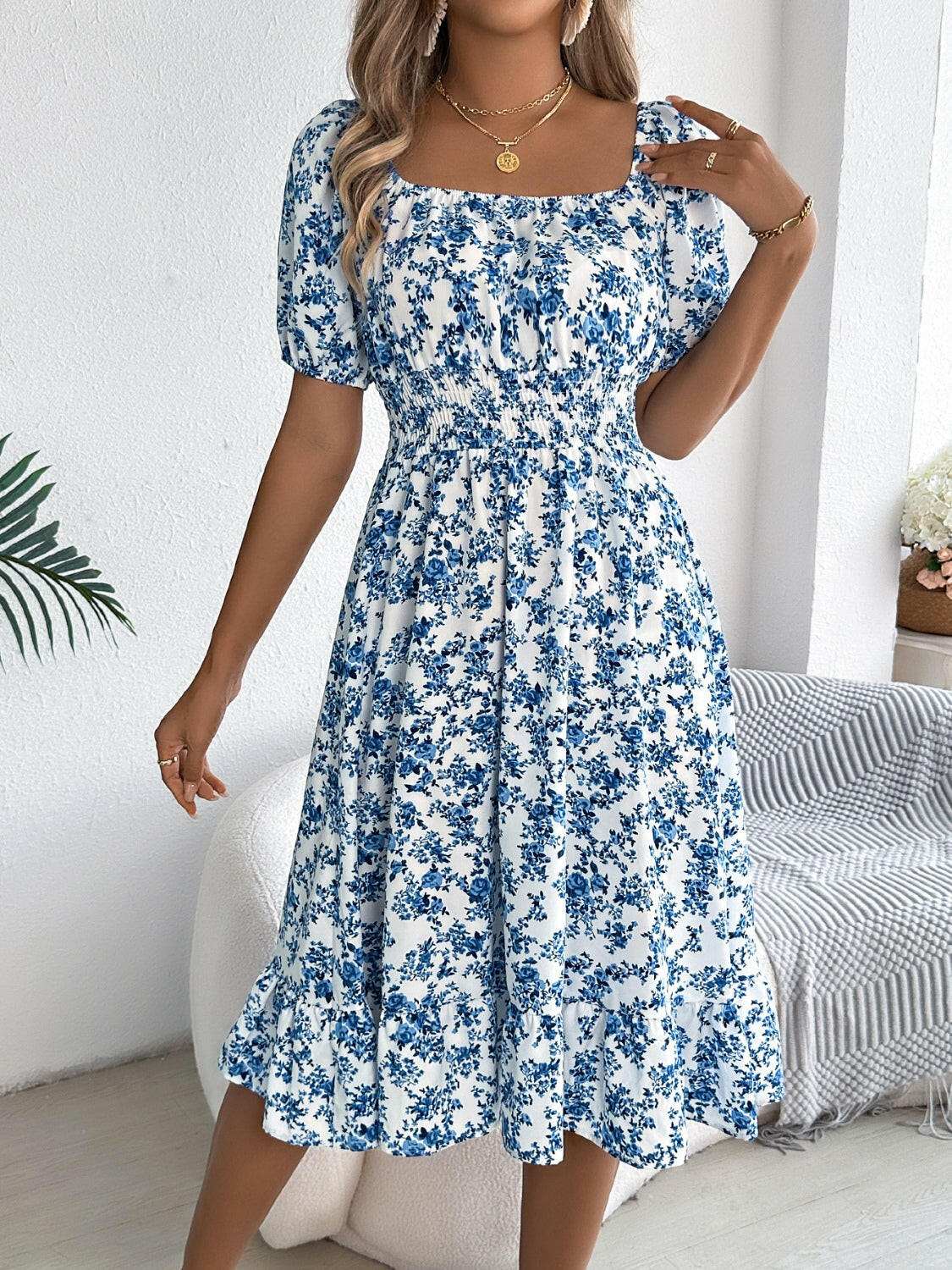 Ruffled Hem Floral Puff Sleeve Dress - StyleLure