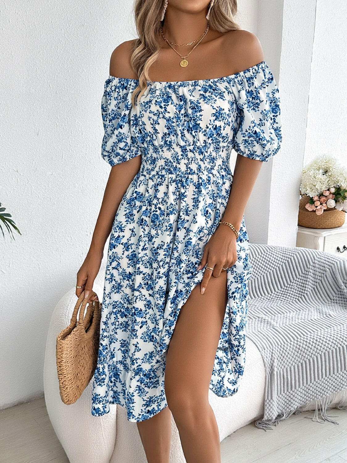 Ruffled Hem Floral Puff Sleeve Dress - StyleLure