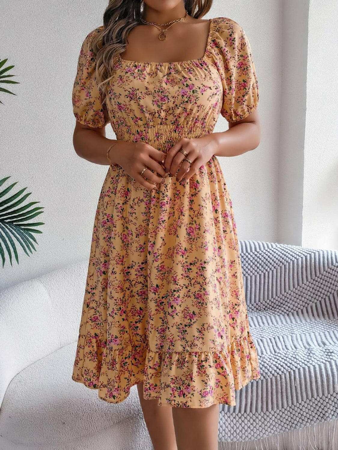 Ruffled Hem Floral Puff Sleeve Dress - StyleLure