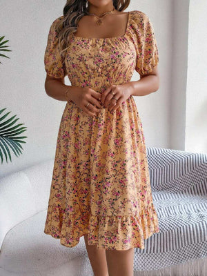 Ruffled Hem Floral Puff Sleeve Dress - StyleLure