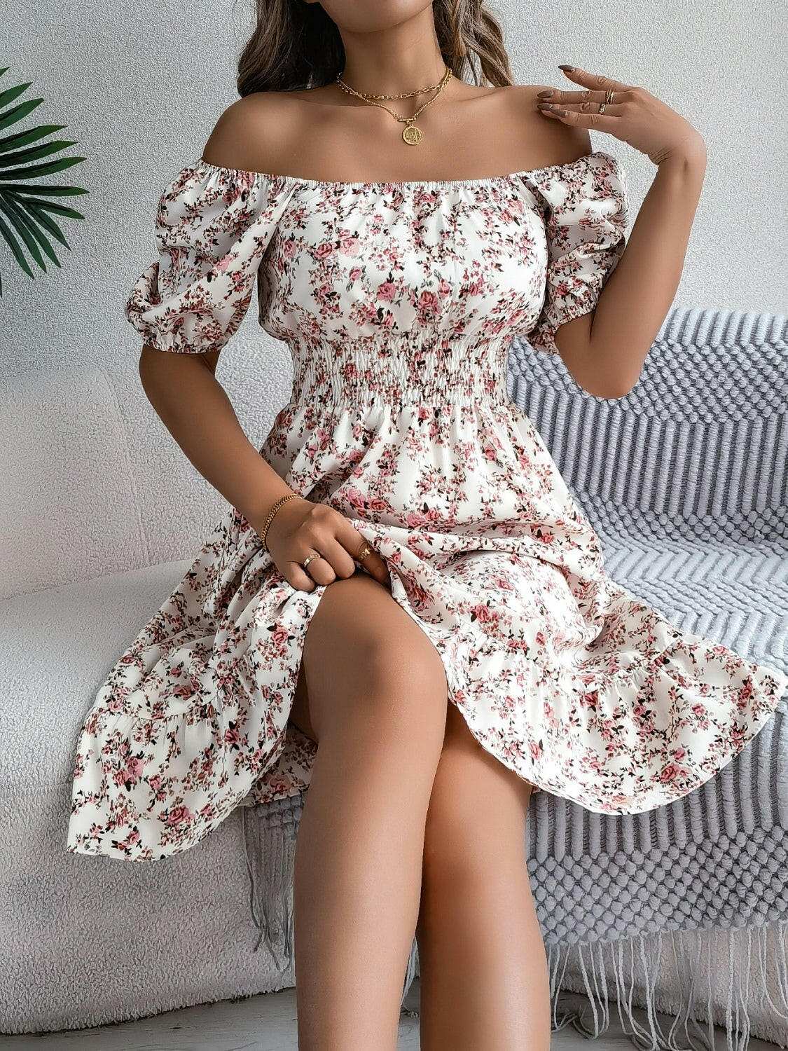 Ruffled Hem Floral Puff Sleeve Dress - StyleLure