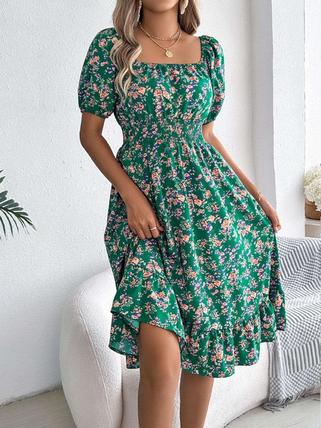 Ruffled Hem Floral Puff Sleeve Dress - StyleLure