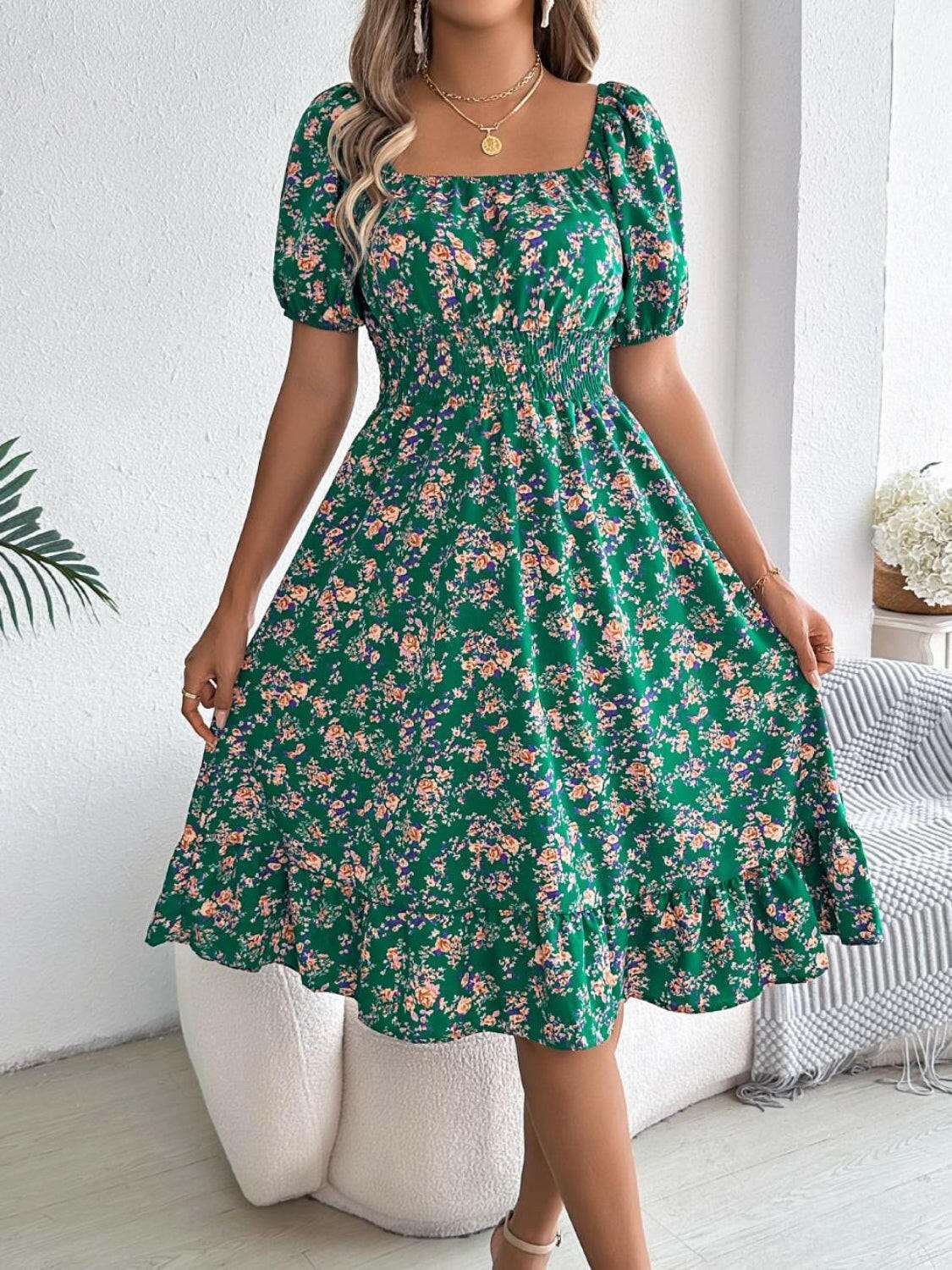 Ruffled Hem Floral Puff Sleeve Dress - StyleLure