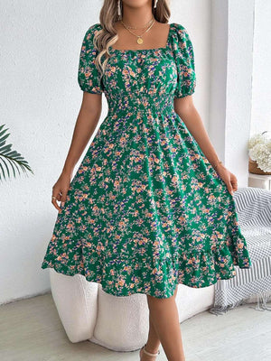 Ruffled Hem Floral Puff Sleeve Dress - StyleLure