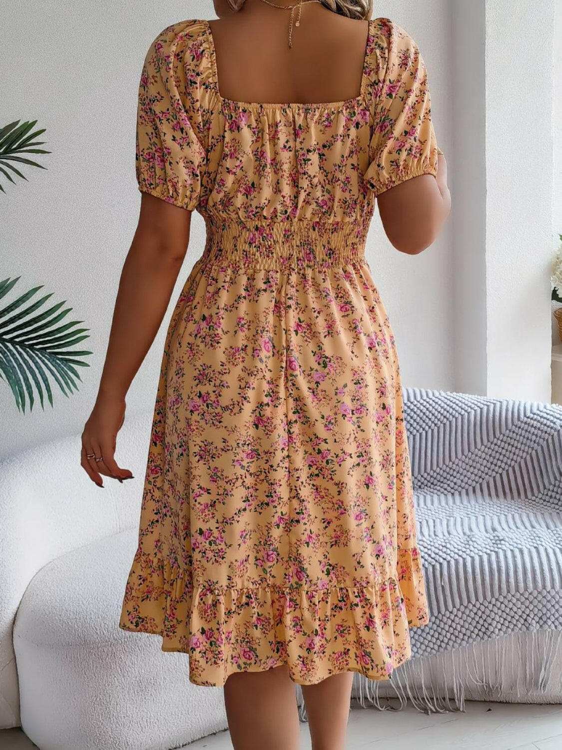 Ruffled Hem Floral Puff Sleeve Dress - StyleLure