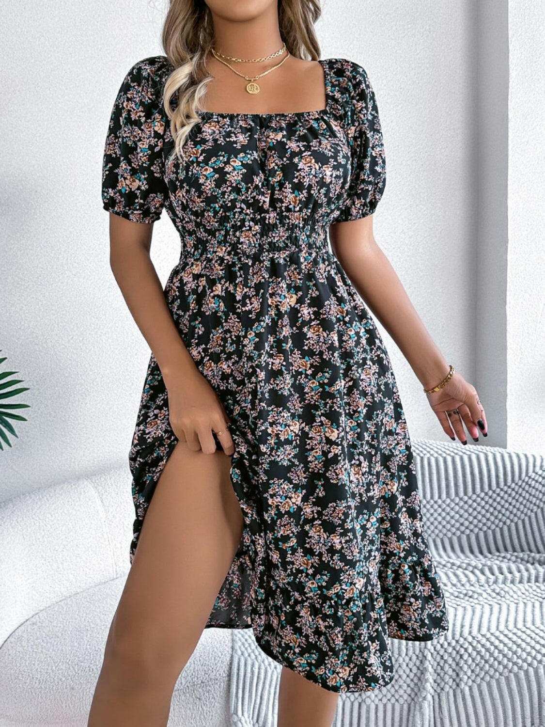 Ruffled Hem Floral Puff Sleeve Dress - StyleLure