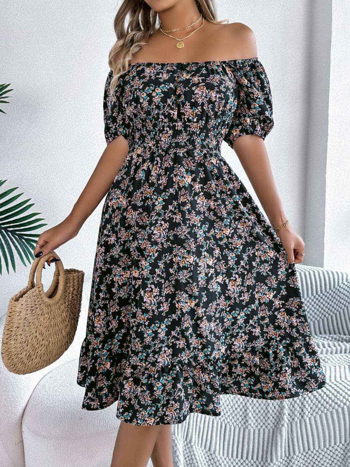 Ruffled Hem Floral Puff Sleeve Dress - StyleLure
