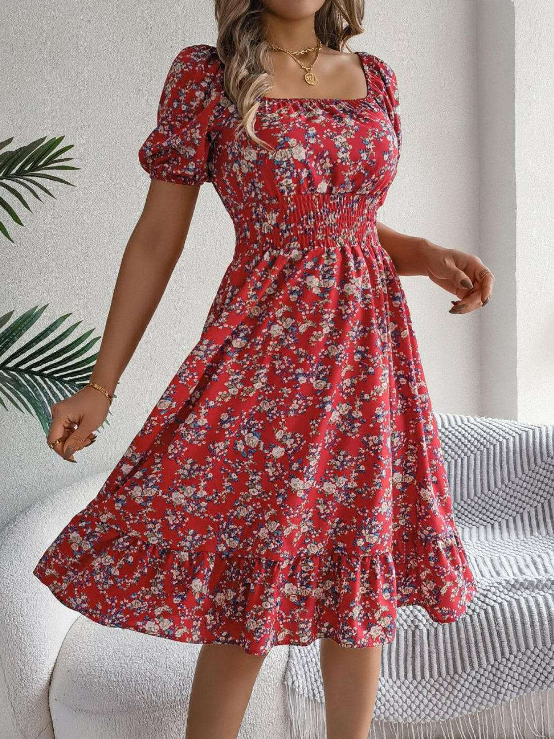 Ruffled Hem Floral Puff Sleeve Dress - StyleLure