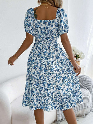 Ruffled Hem Floral Puff Sleeve Dress - StyleLure
