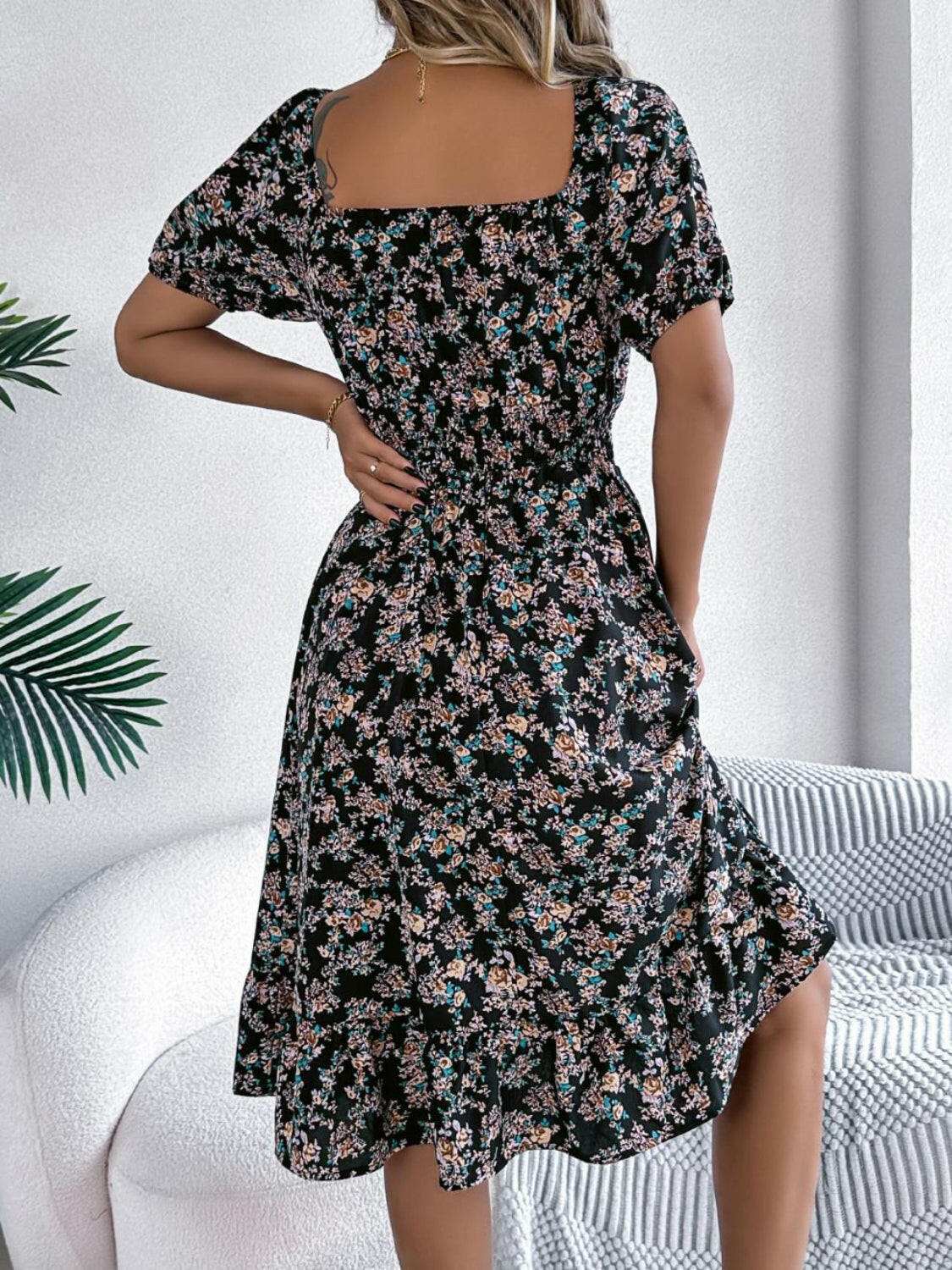 Ruffled Hem Floral Puff Sleeve Dress - StyleLure