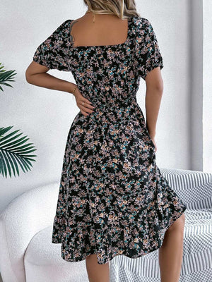 Ruffled Hem Floral Puff Sleeve Dress - StyleLure