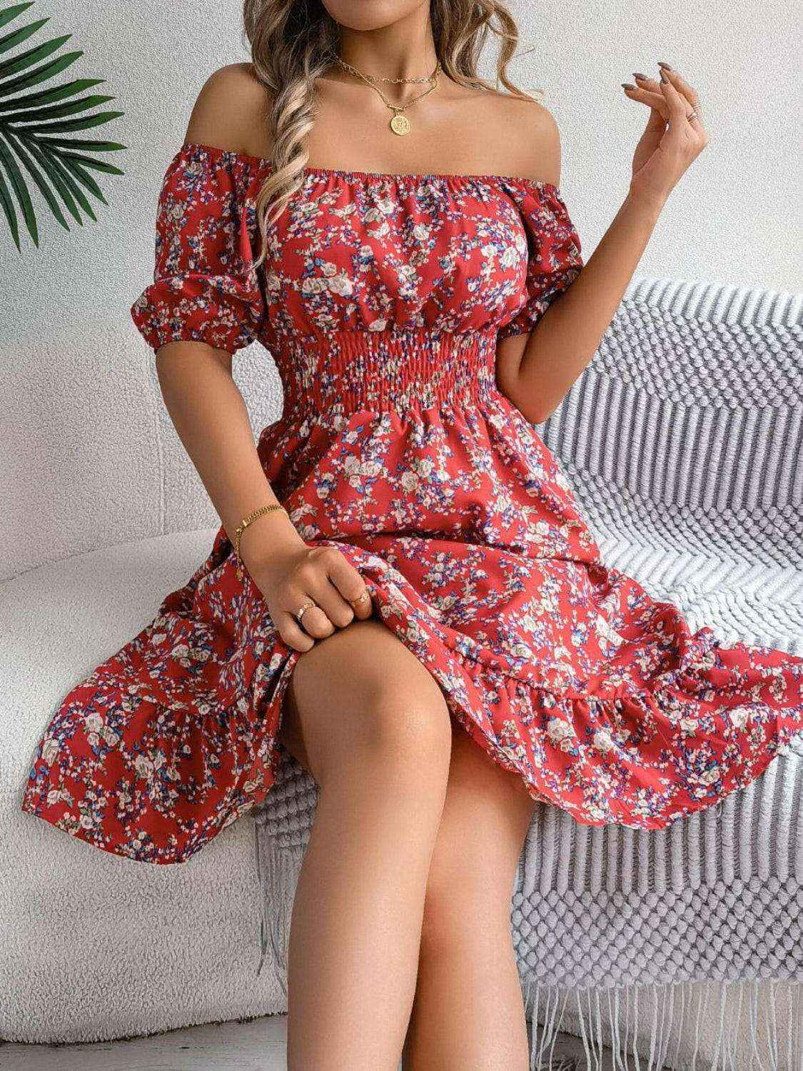 Ruffled Hem Floral Puff Sleeve Dress - StyleLure
