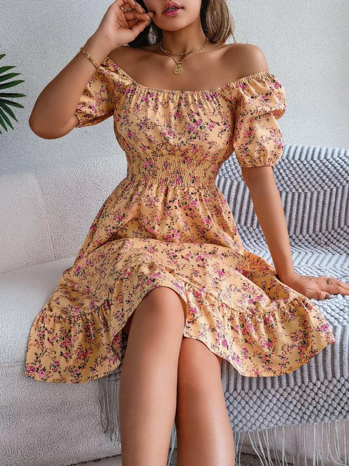Ruffled Hem Floral Puff Sleeve Dress - StyleLure