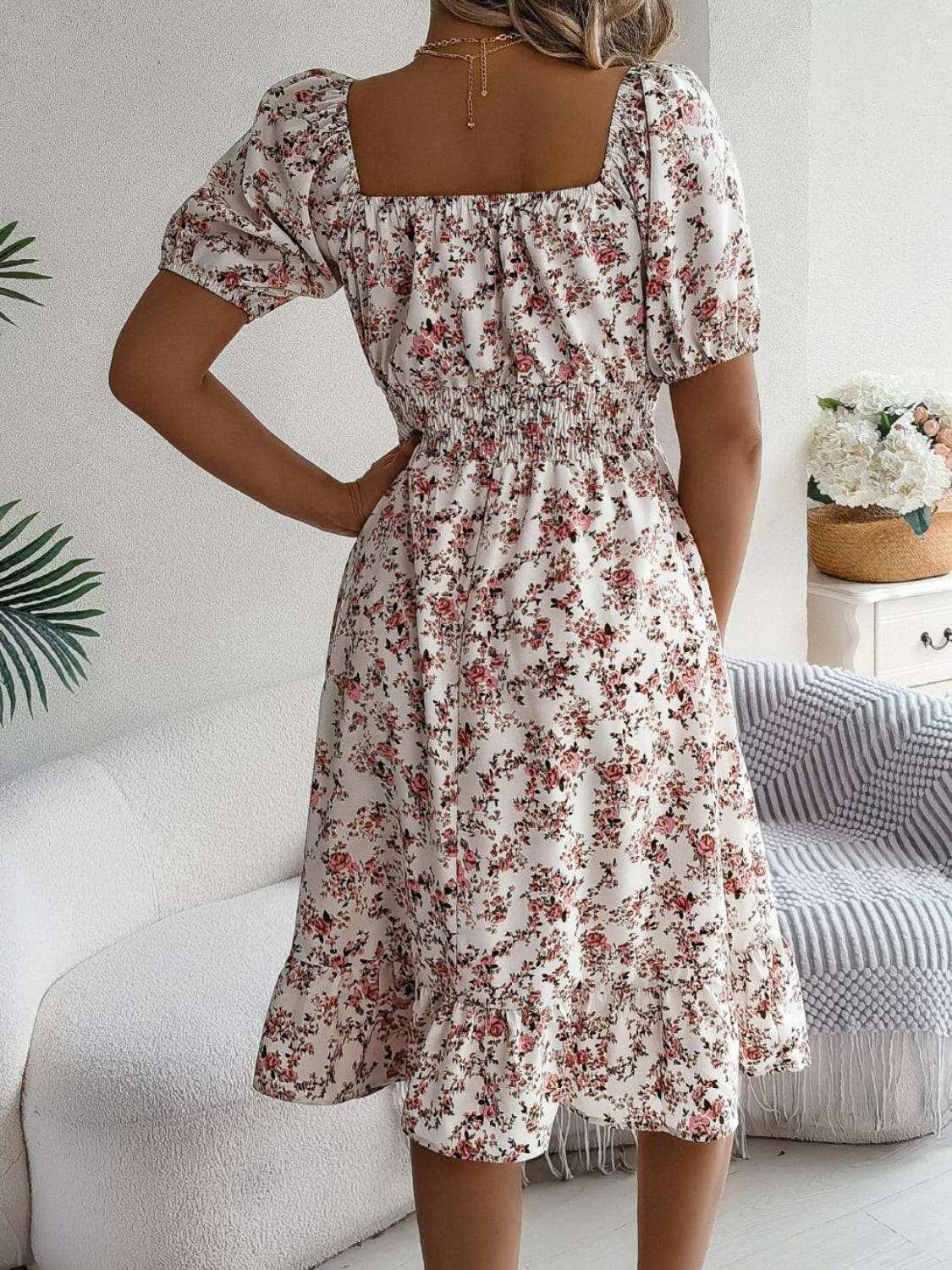 Ruffled Hem Floral Puff Sleeve Dress - StyleLure