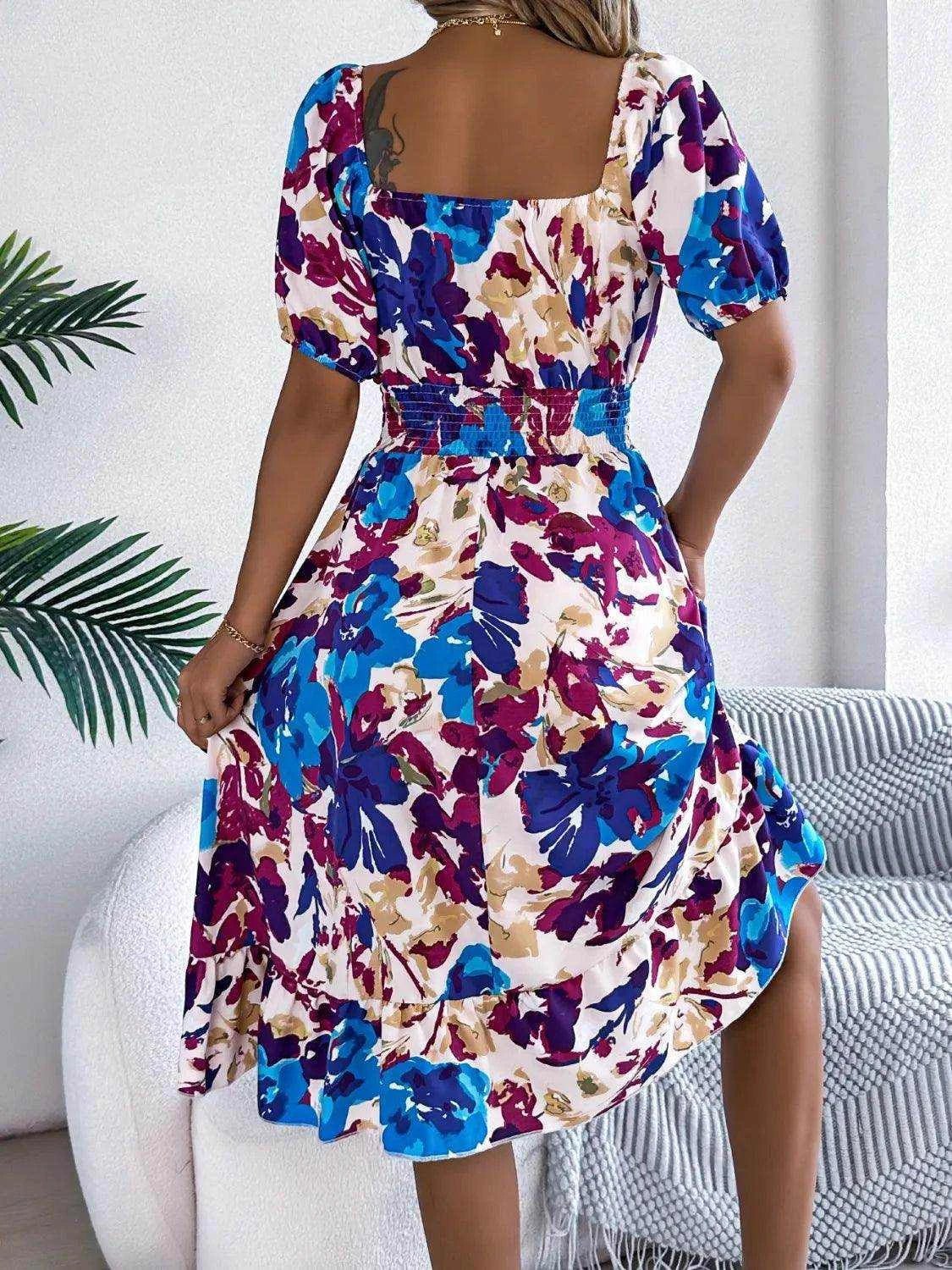 Ruffled Hem Smocked Floral Short Sleeve Midi Dress - StyleLure