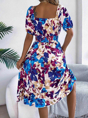 Ruffled Hem Smocked Floral Short Sleeve Midi Dress - StyleLure