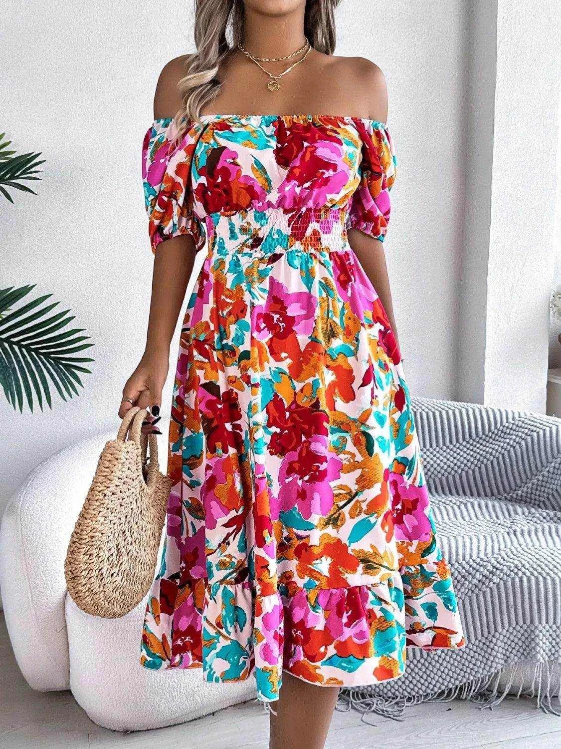 Ruffled Hem Smocked Floral Short Sleeve Midi Dress - StyleLure
