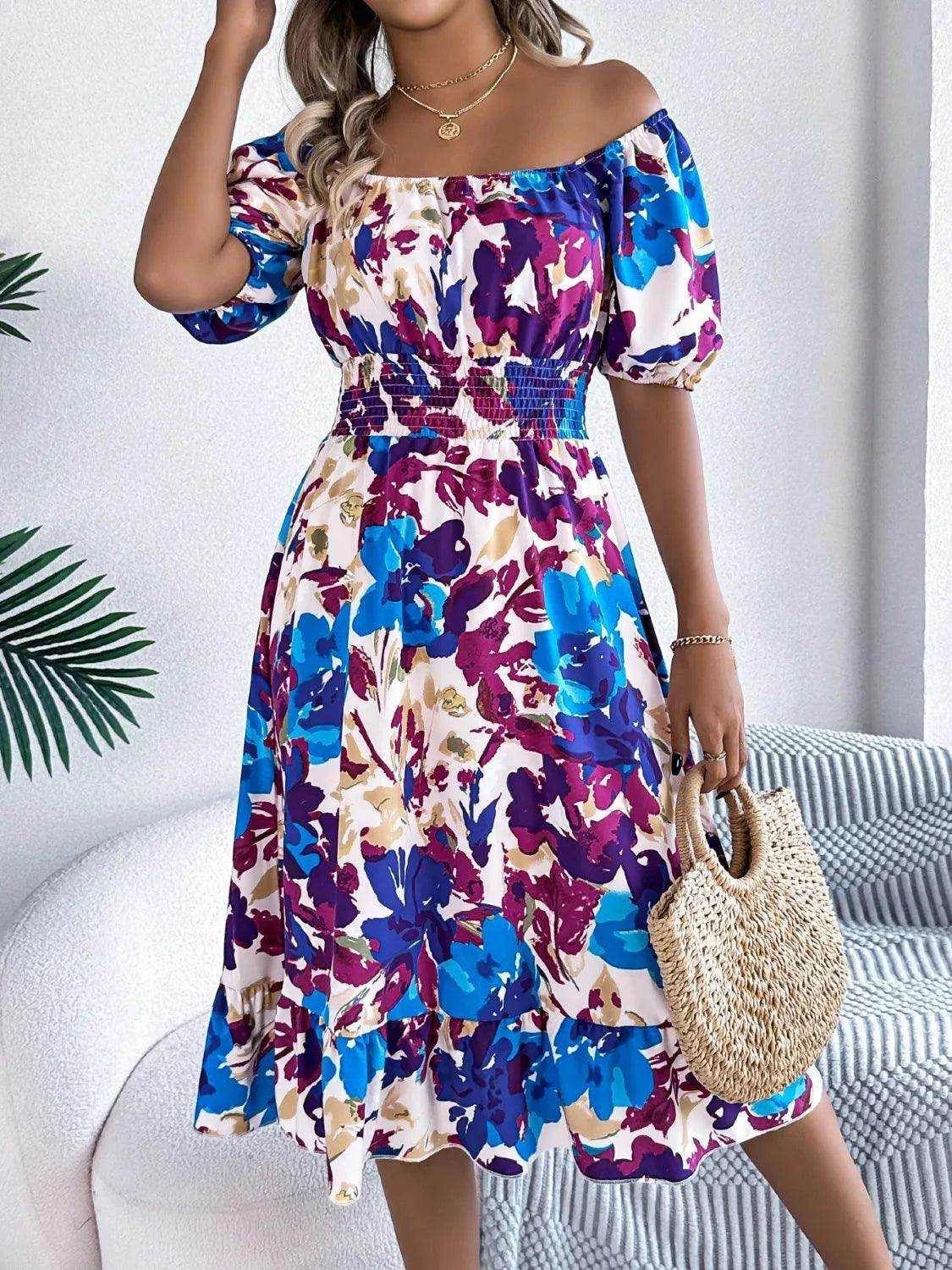 Ruffled Hem Smocked Floral Short Sleeve Midi Dress - StyleLure