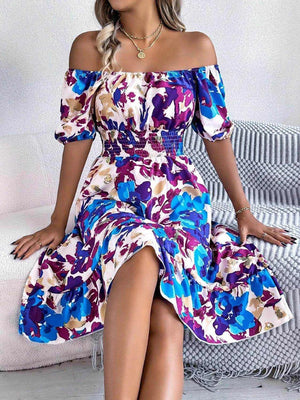 Ruffled Hem Smocked Floral Short Sleeve Midi Dress - StyleLure