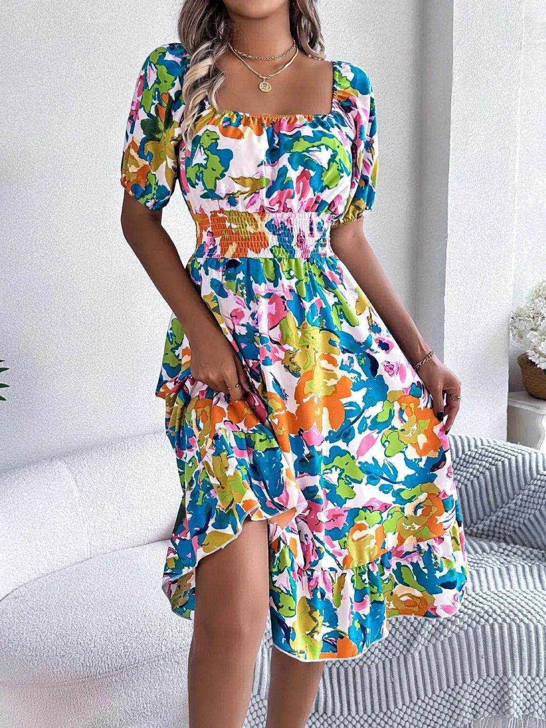 Ruffled Hem Smocked Floral Short Sleeve Midi Dress - StyleLure