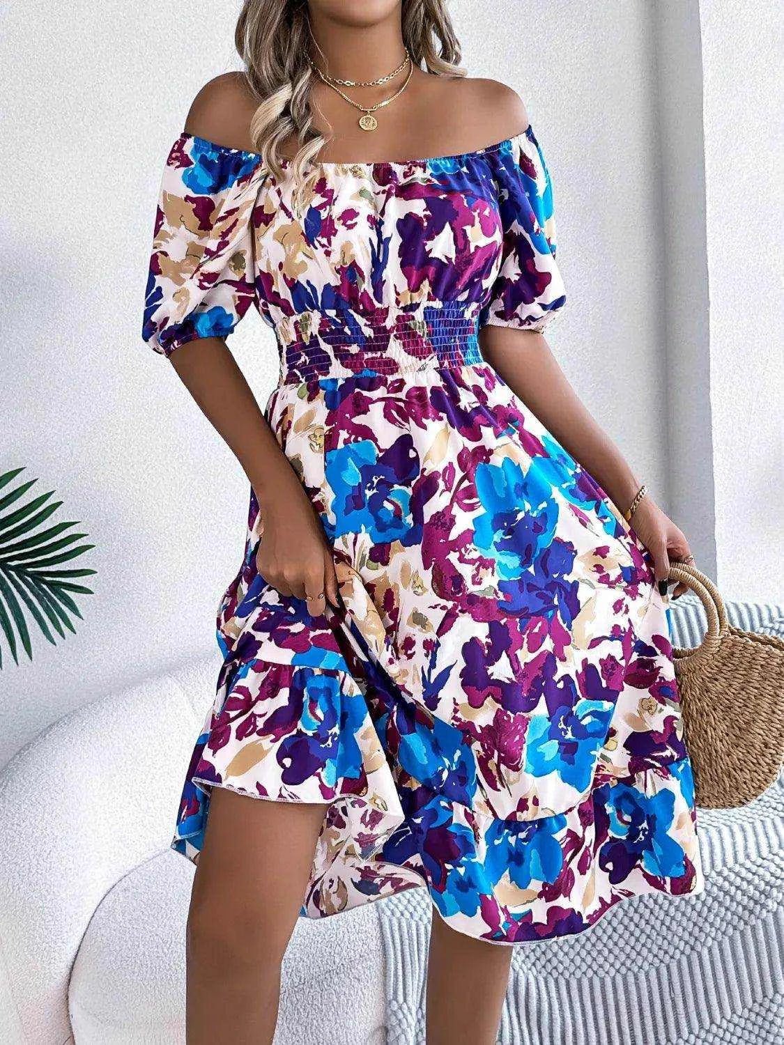 Ruffled Hem Smocked Floral Short Sleeve Midi Dress - StyleLure
