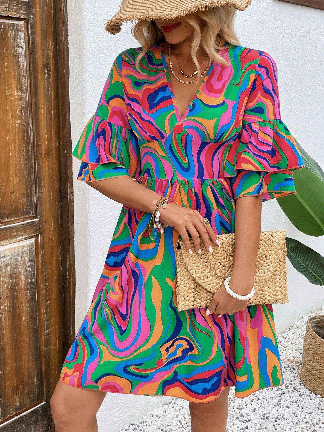 Ruffled Printed V - Neck Half Sleeve Mini Dress - StyleLure