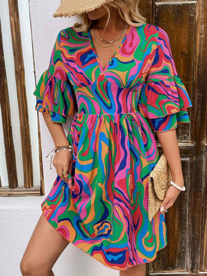 Ruffled Printed V - Neck Half Sleeve Mini Dress - StyleLure