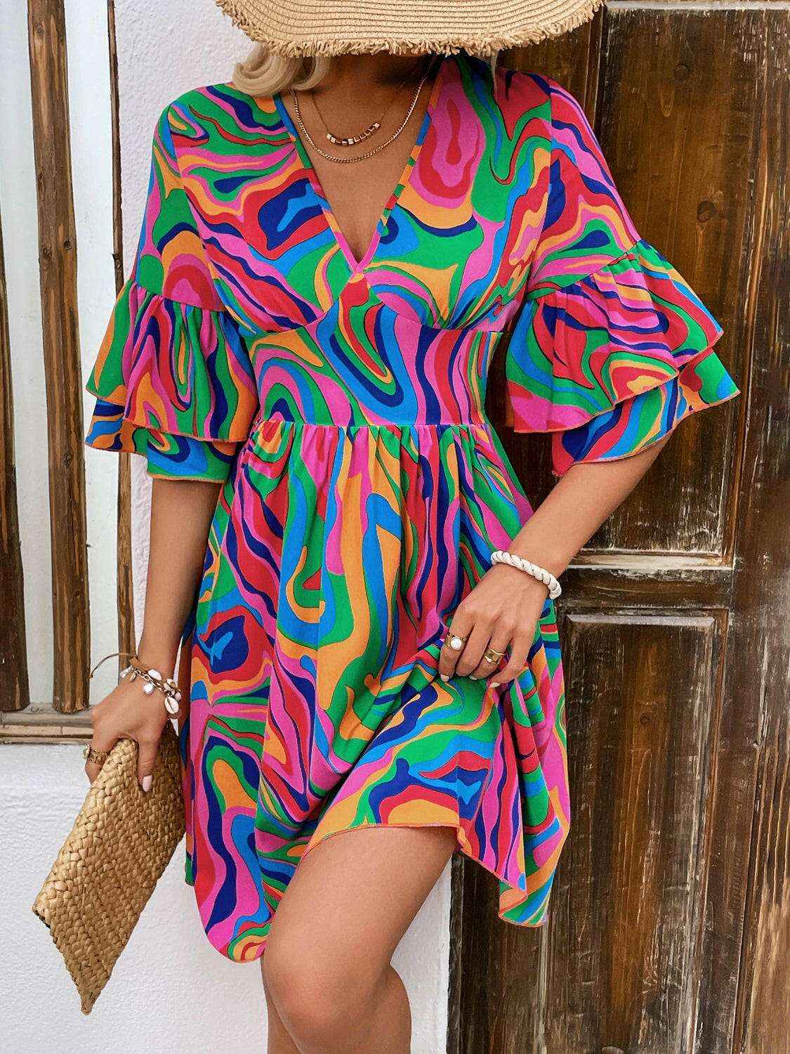 Ruffled Printed V - Neck Half Sleeve Mini Dress - StyleLure