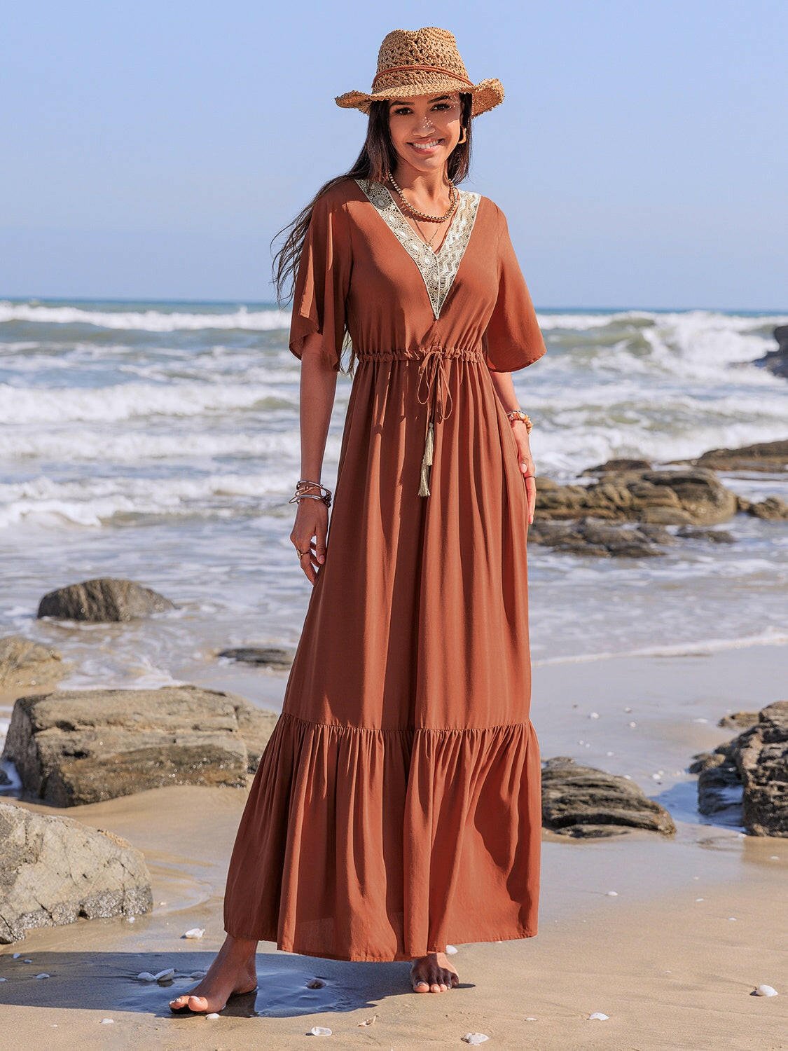 Ruffled Tassel V - Neck Flutter Sleeve Dress - StyleLure