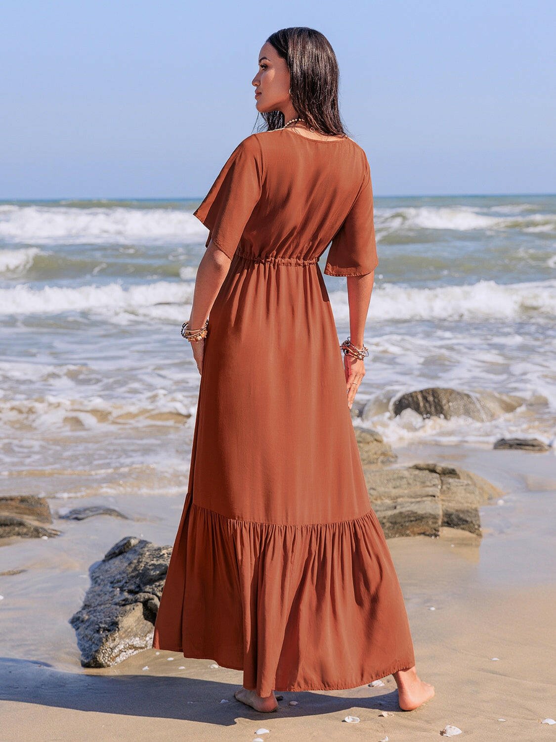 Ruffled Tassel V - Neck Flutter Sleeve Dress - StyleLure