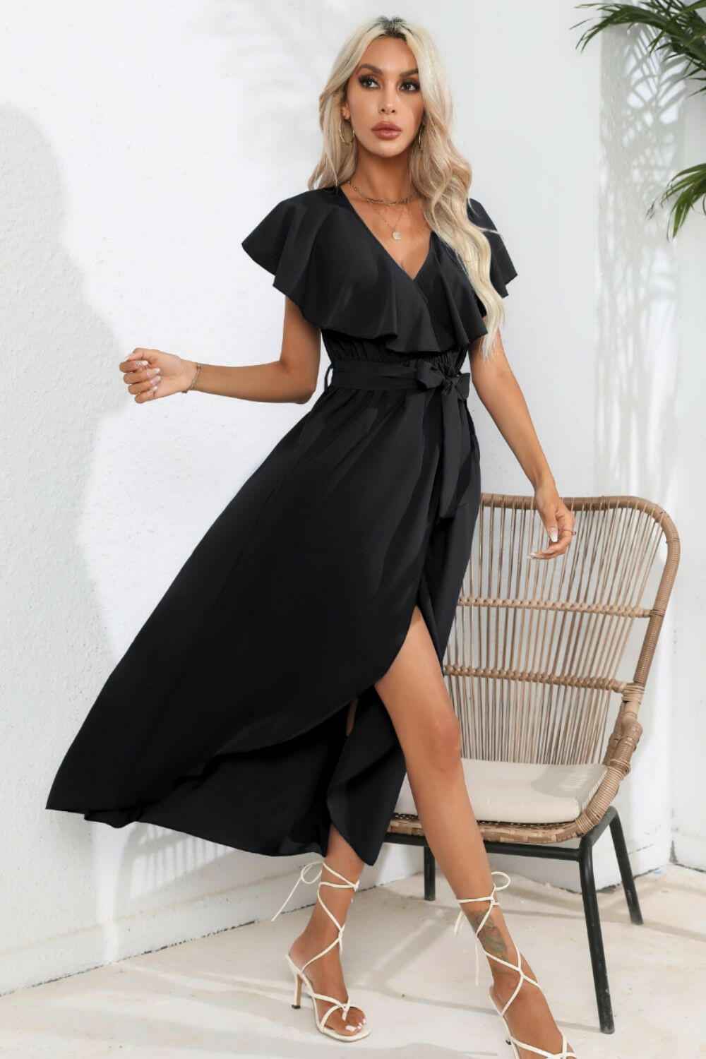 Ruffled Tied V - Neck Midi Dress - StyleLure