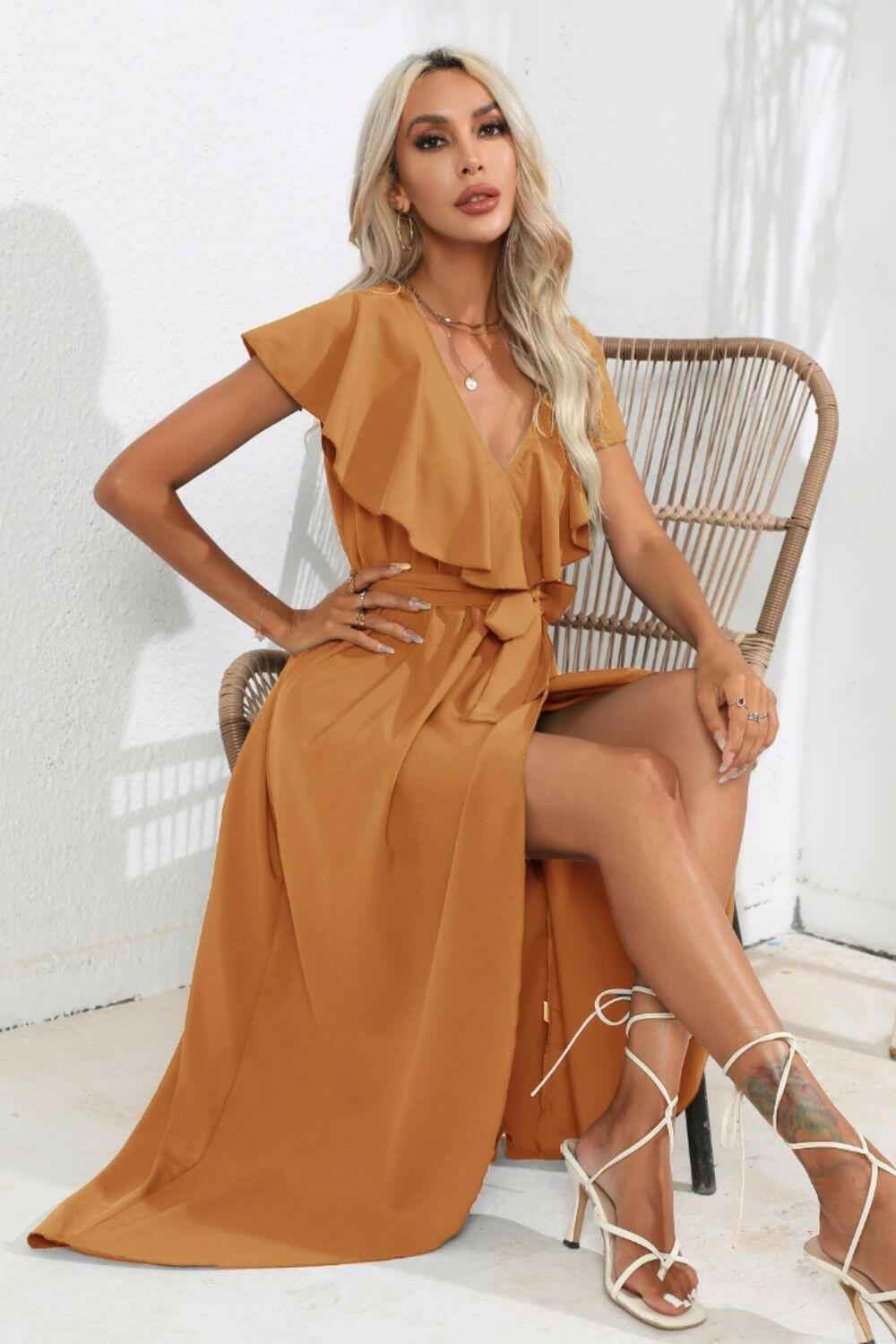 Ruffled Tied V - Neck Midi Dress - StyleLure