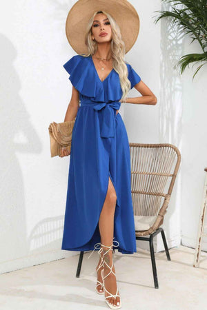 Ruffled Tied V - Neck Midi Dress - StyleLure