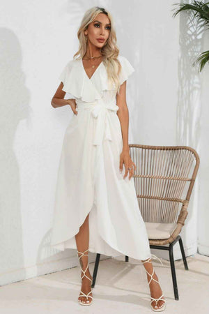 Ruffled Tied V - Neck Midi Dress - StyleLure