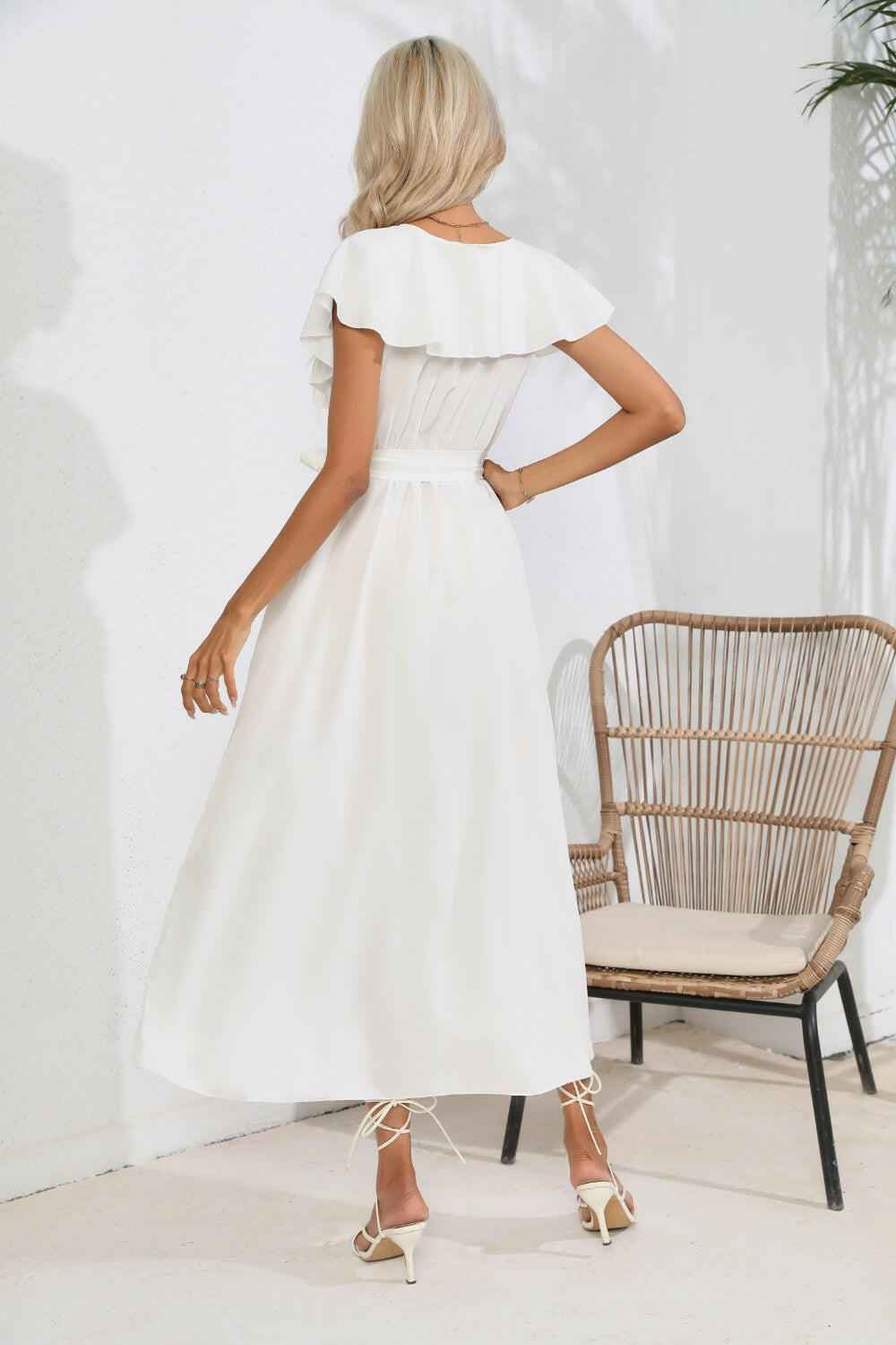 Ruffled Tied V - Neck Midi Dress - StyleLure