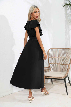 Ruffled Tied V - Neck Midi Dress - StyleLure