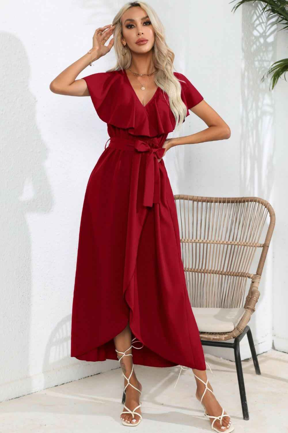 Ruffled Tied V - Neck Midi Dress - StyleLure