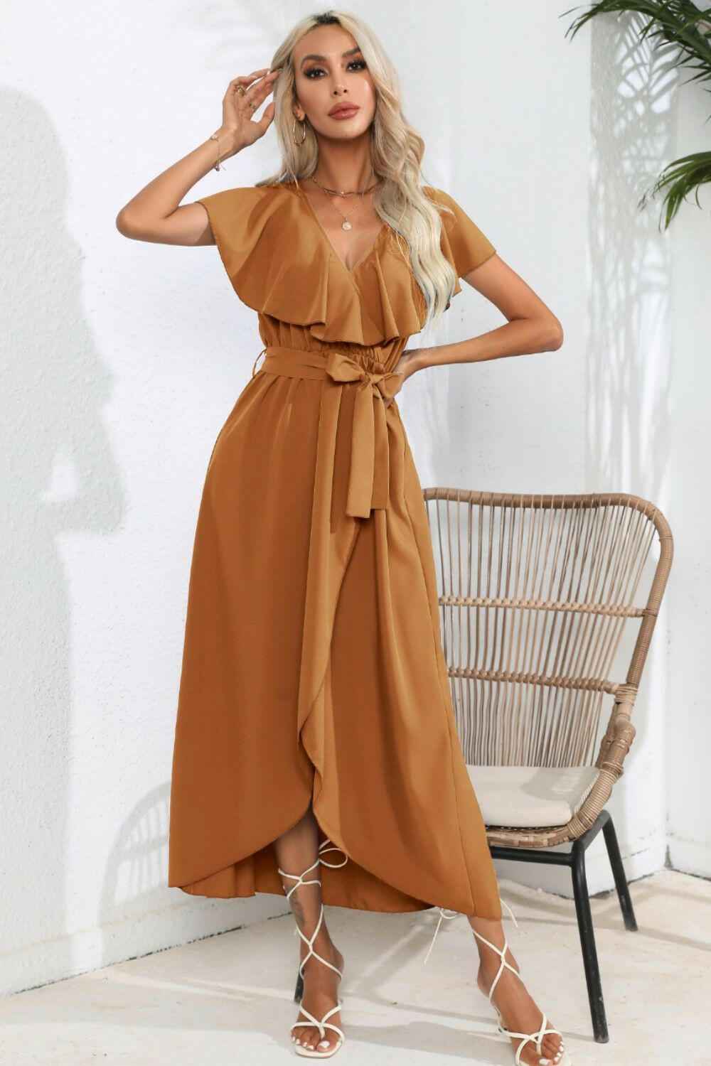 Ruffled Tied V - Neck Midi Dress - StyleLure
