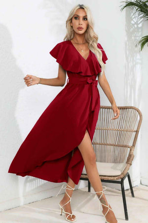 Ruffled Tied V - Neck Midi Dress - StyleLure