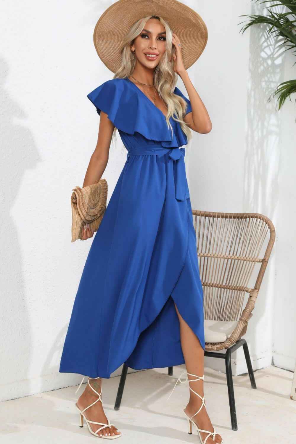 Ruffled Tied V - Neck Midi Dress - StyleLure