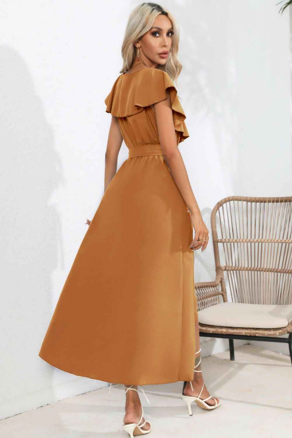 Ruffled Tied V - Neck Midi Dress - StyleLure