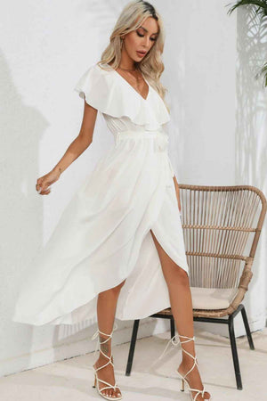 Ruffled Tied V - Neck Midi Dress - StyleLure