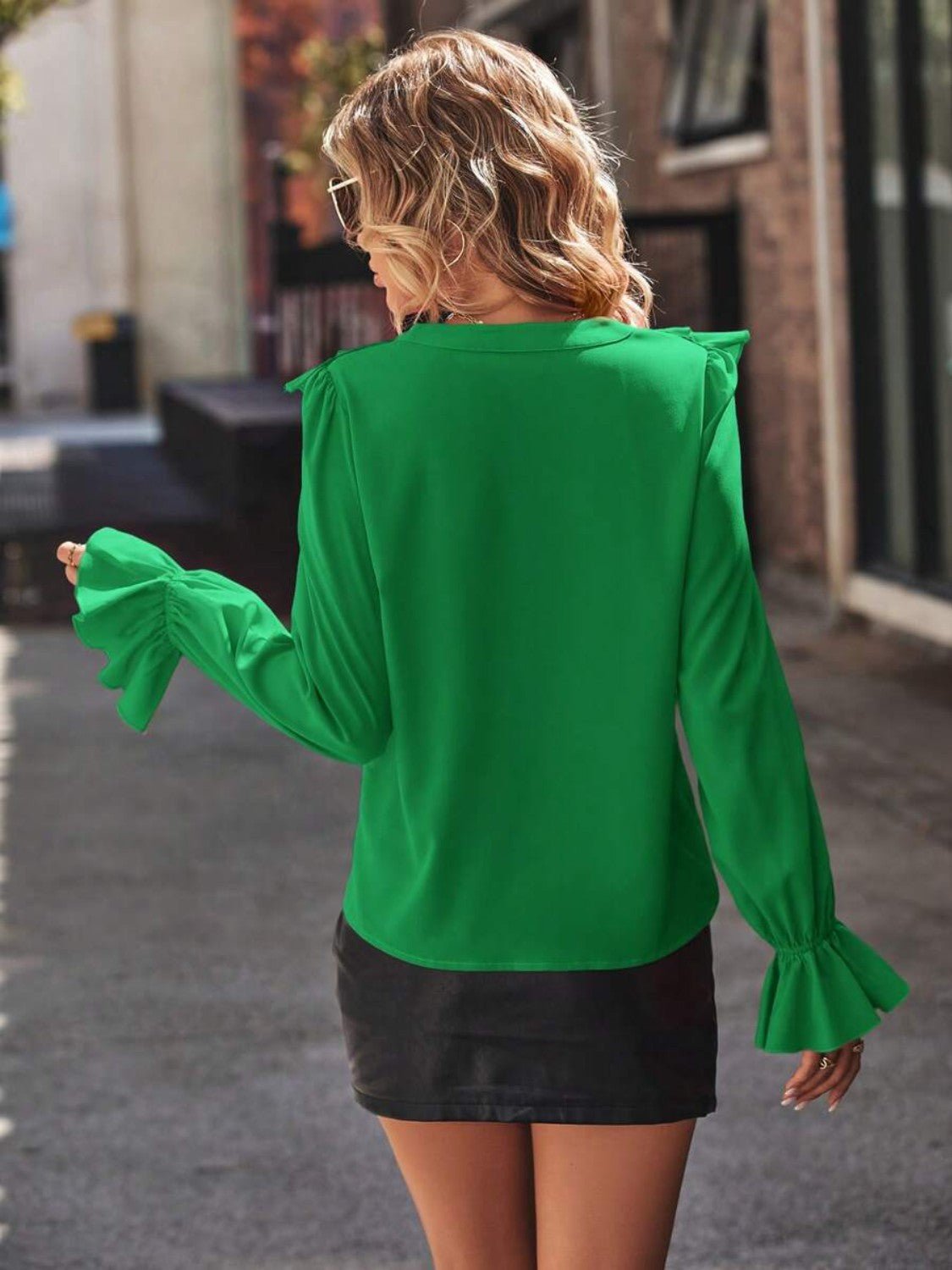 Ruffled V - Neck Flounce Sleeve Shirt - StyleLure