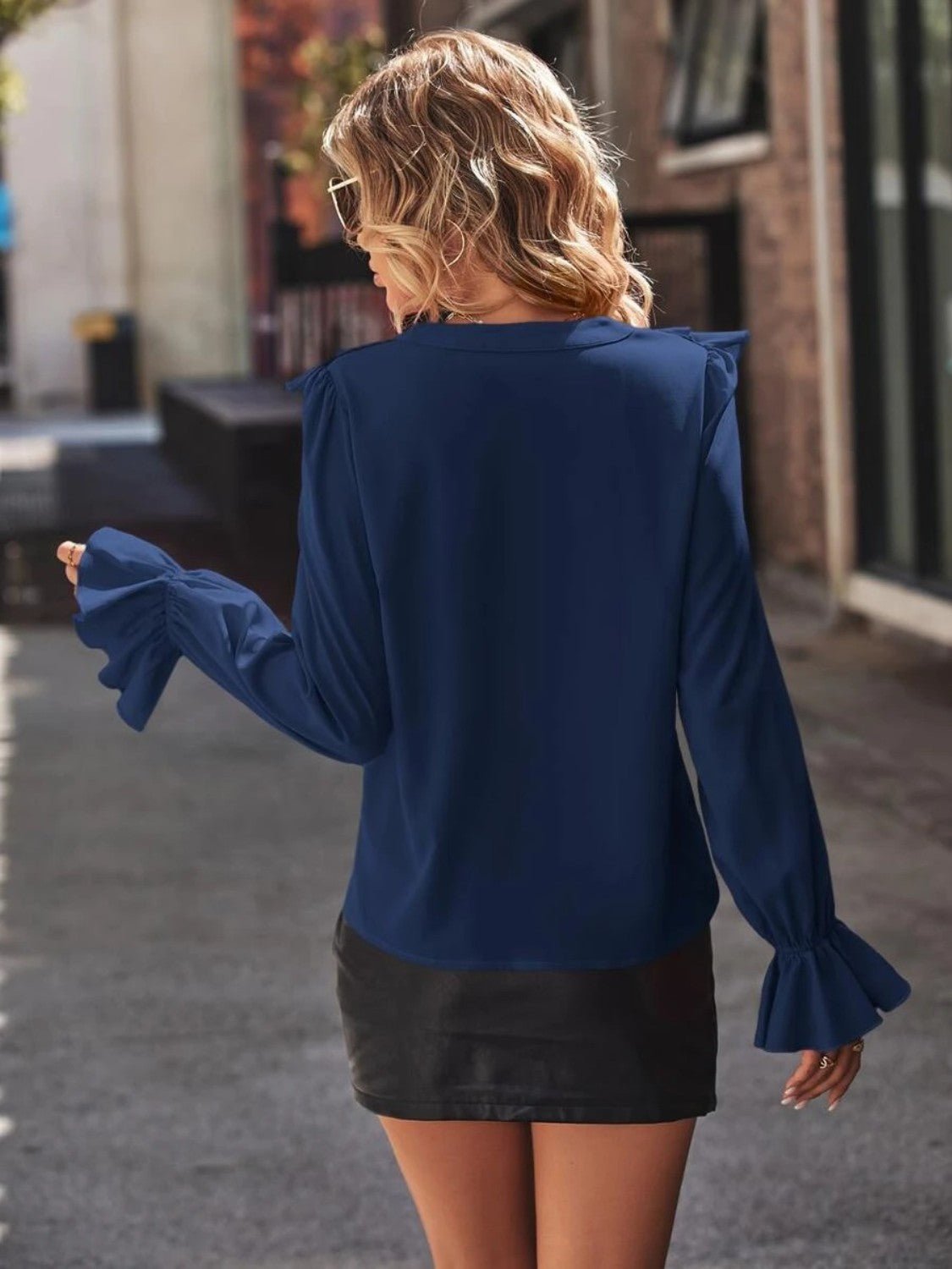 Ruffled V - Neck Flounce Sleeve Shirt - StyleLure