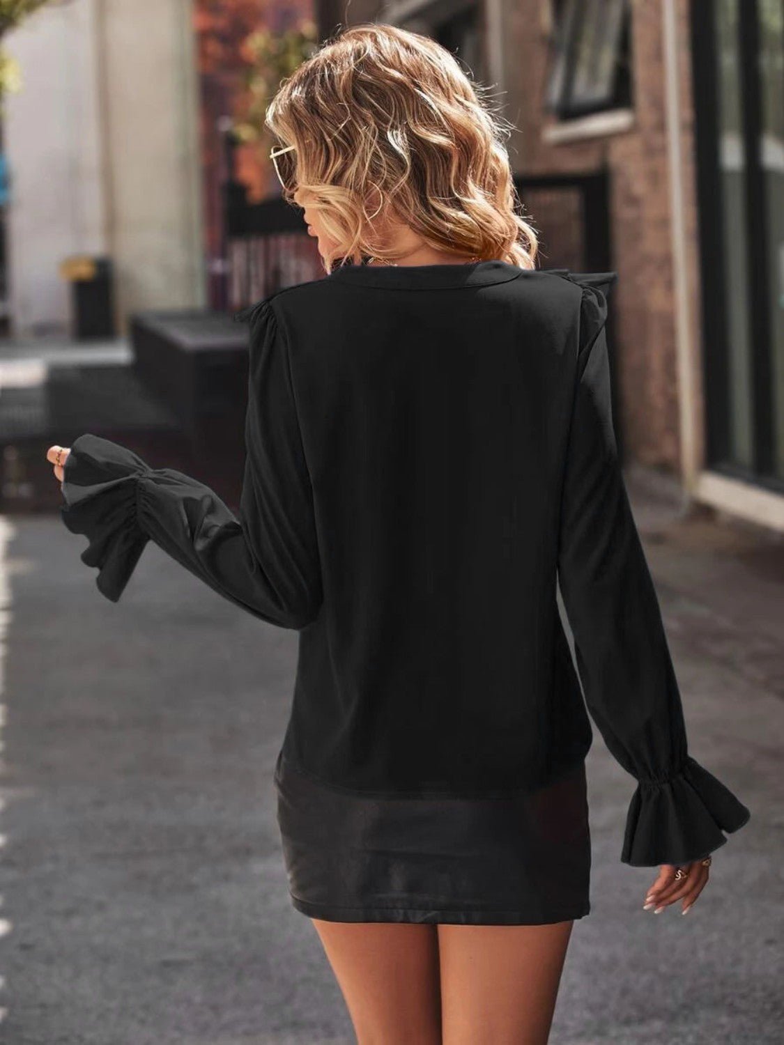 Ruffled V - Neck Flounce Sleeve Shirt - StyleLure