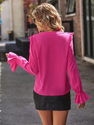 Ruffled V - Neck Flounce Sleeve Shirt - StyleLure
